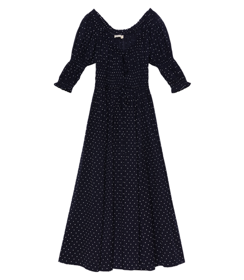 ISCHIA DRESS -- NAVY FLOCK DOT